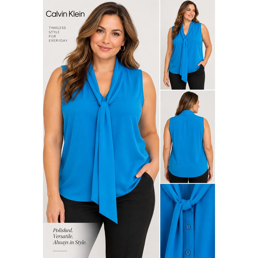 Calvin Klein NWT XL Cerulean Blue Tie Neck Sleeveless Blouse Career Workwear